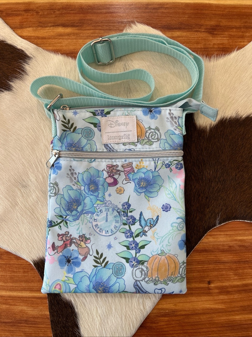 Disney Loungefly Cinderella Mice Floral Passport Crossbody Bag Light Blue